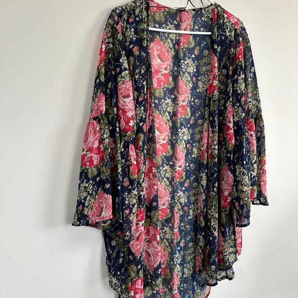 Umgee Floral Print Kimono Bathing Suit Coverup Boho Bell Sleeve Open Front M/L - Picture 3 of 11